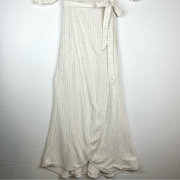 Lu ciee Natural Stripe Linen Blend Wrap Midi Dress Minimalist Classic Chic - Picture 7 of 14